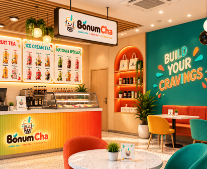 Bonum Cha interior seating with signage