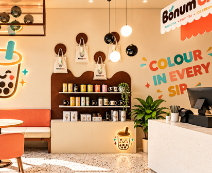 Bonum Cha sip smile repeat wall display