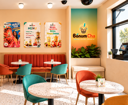 Bonum Cha booth seating and menu wall