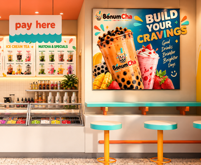 Bonum Cha pay here counter with stools